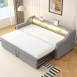 Okwish Lit Gigogne 90/180x190 cm - capitonné avec LED Intégrée et Rangement Sous Le Lit, Port USB, Tissu Gris Clair, Sans Matelas