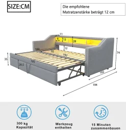 Okwish Lit Gigogne 90/180x190 cm - capitonné avec LED Intégrée et Rangement Sous Le Lit, Port USB, Tissu Gris Clair, Sans Matelas