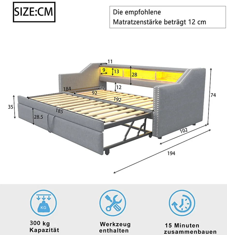 Okwish Lit Gigogne 90/180x190 cm - capitonné avec LED Intégrée et Rangement Sous Le Lit, Port USB, Tissu Gris Clair, Sans Matelas