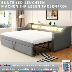 Okwish Lit Gigogne 90/180x190 cm - capitonné avec LED Intégrée et Rangement Sous Le Lit, Port USB, Tissu Gris Clair, Sans Matelas