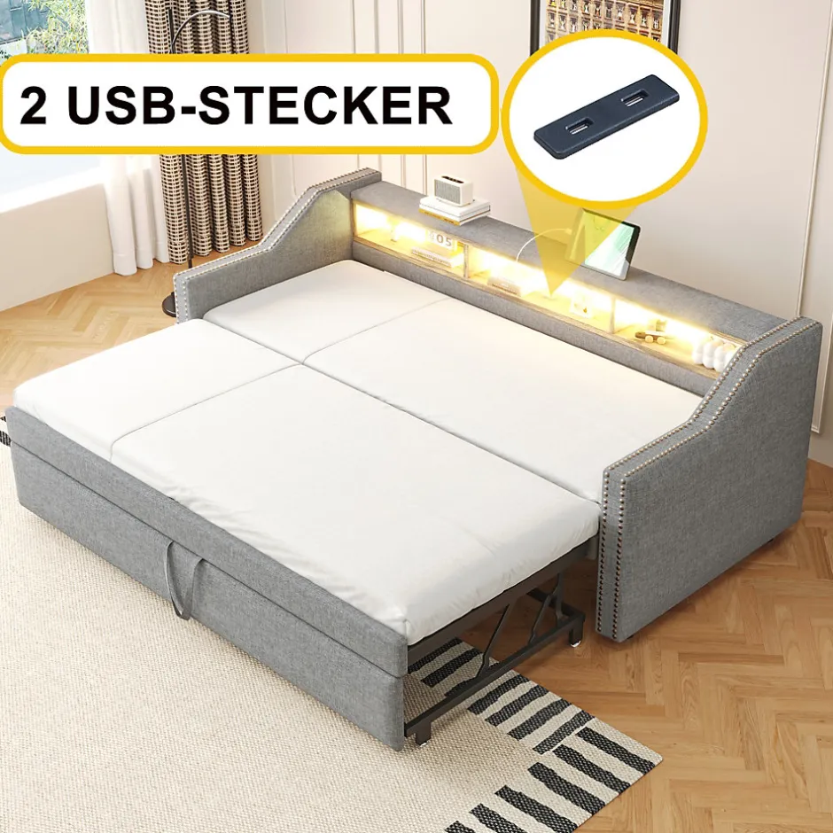 Okwish Lit Gigogne 90/180x190 cm - capitonné avec LED Intégrée et Rangement Sous Le Lit, Port USB, Tissu Gris Clair, Sans Matelas