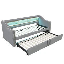 Okwish Lit Gigogne 90/180x190 cm - capitonné avec LED Intégrée et Rangement Sous Le Lit, Port USB, Tissu Gris Clair, Sans Matelas
