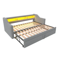 Okwish Lit Gigogne 90/180x190 cm - capitonné avec LED Intégrée et Rangement Sous Le Lit, Port USB, Tissu Gris Clair, Sans Matelas