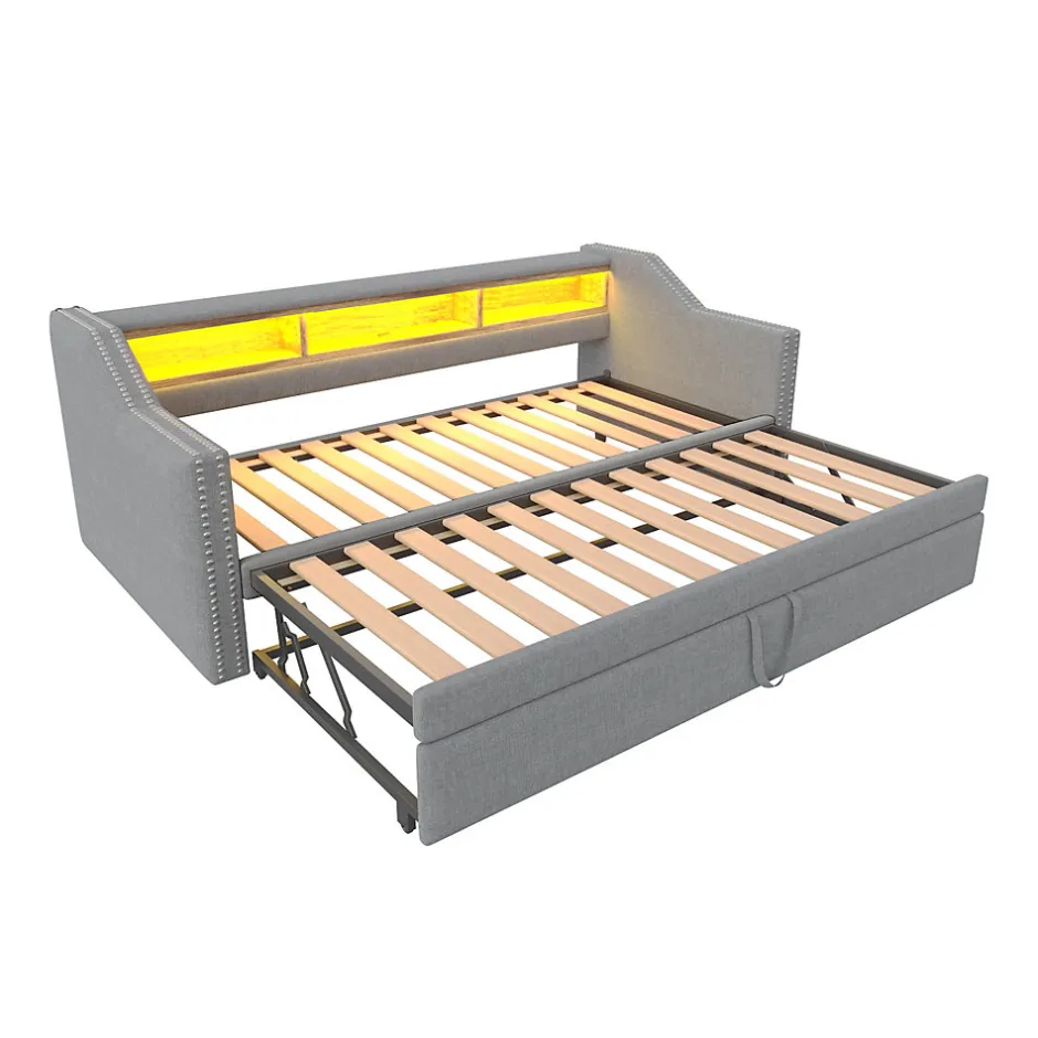 Okwish Lit Gigogne 90/180x190 cm - capitonné avec LED Intégrée et Rangement Sous Le Lit, Port USB, Tissu Gris Clair, Sans Matelas