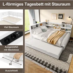 Okwish Lit Gigogne 140x200 cm - Daybed Multifonction avec Tête de Lit et Lit Tiroir - Sans Matelas - Bois Blanc Discount