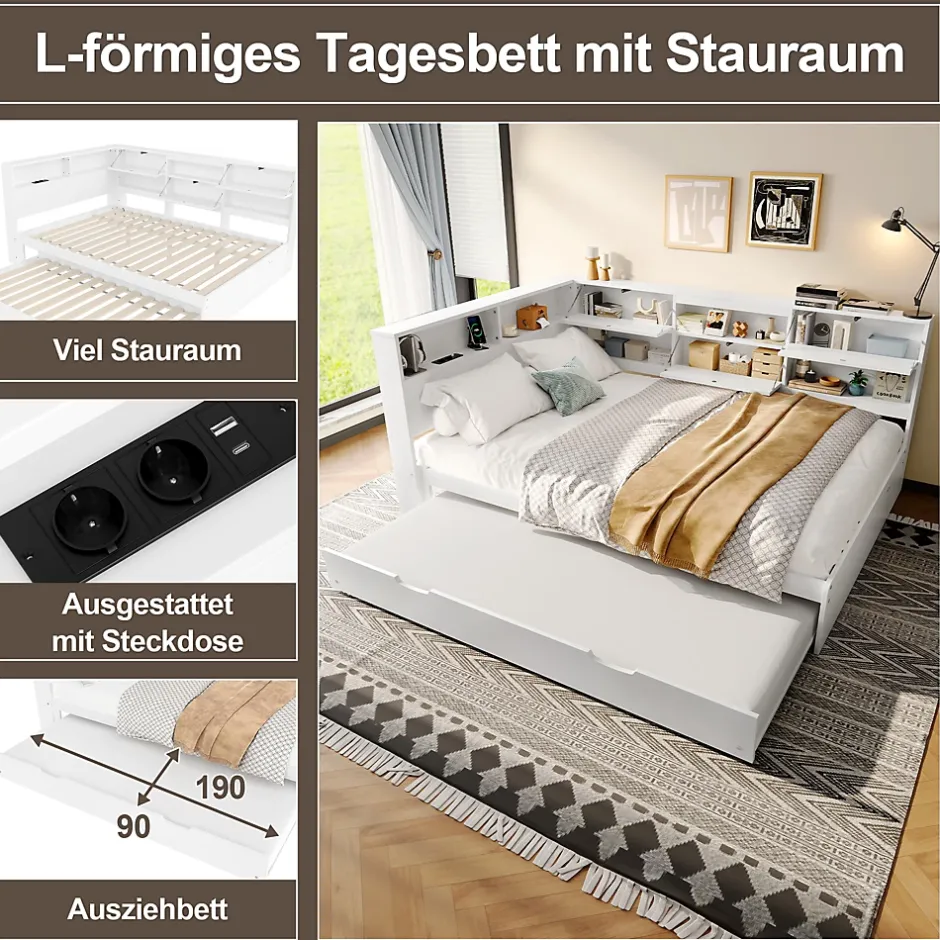 Okwish Lit Gigogne 140x200 cm - Daybed Multifonction avec Tête de Lit et Lit Tiroir - Sans Matelas - Bois Blanc Discount