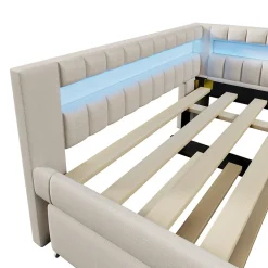 Okwish Lit Gigogne 140x200 cm - Lit Adulte avec Sommier Coulissant et LED Télécommandée, Revêtement en Lin - sans Matelas - Beige