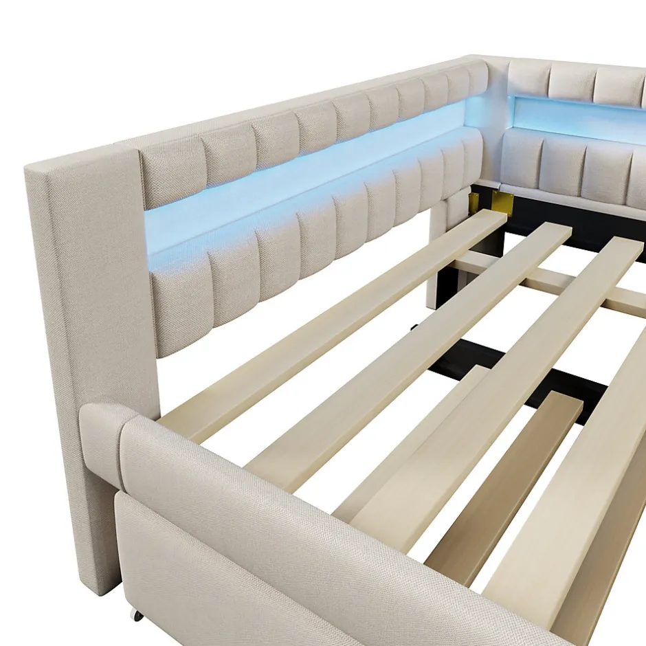 Okwish Lit Gigogne 140x200 cm - Lit Adulte avec Sommier Coulissant et LED Télécommandée, Revêtement en Lin - sans Matelas - Beige