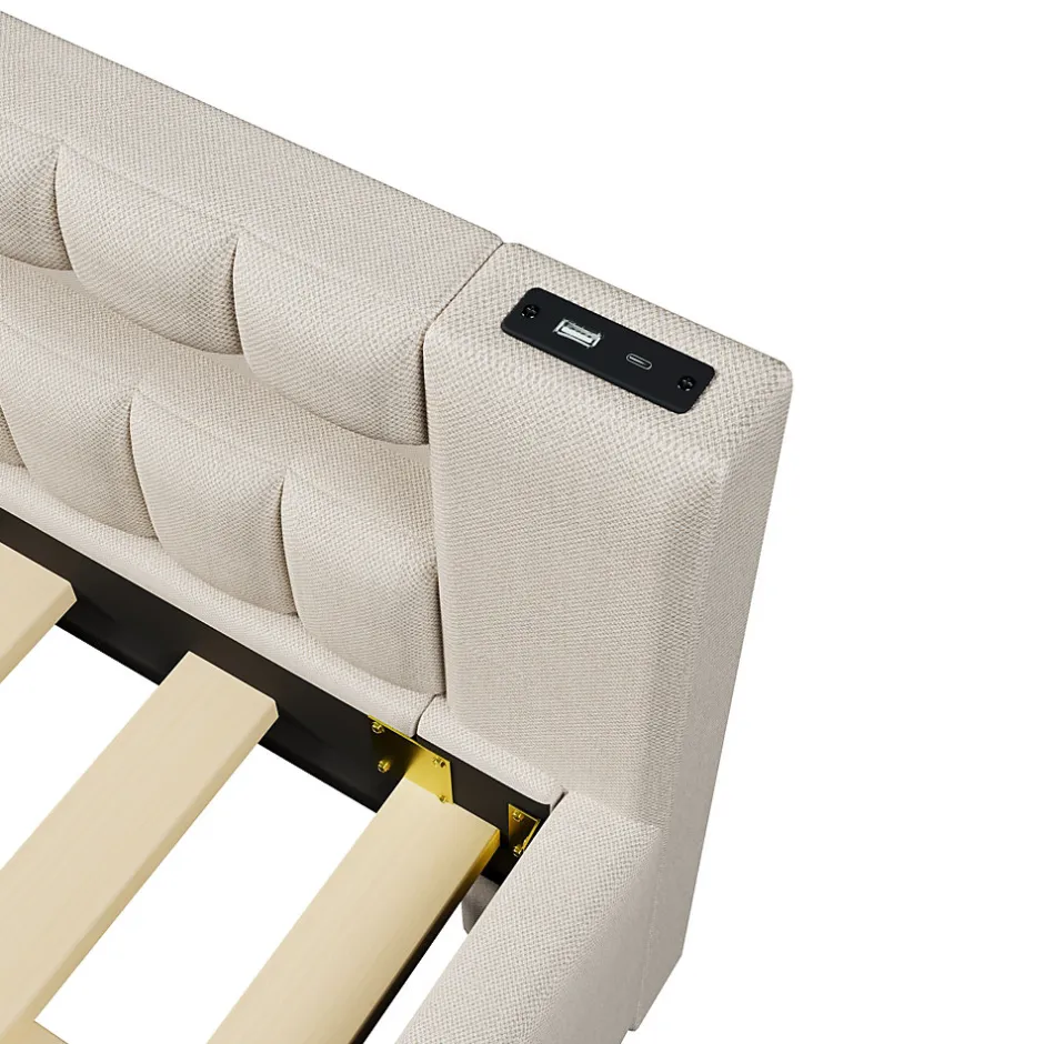 Okwish Lit Gigogne 140x200 cm - Lit Adulte avec Sommier Coulissant et LED Télécommandée, Revêtement en Lin - sans Matelas - Beige