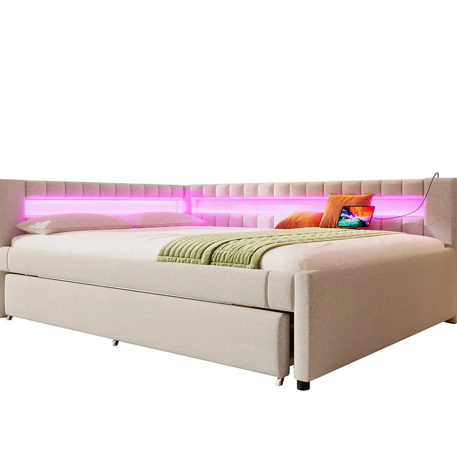 Okwish Lit Gigogne 140x200 cm - Lit Adulte avec Sommier Coulissant et LED Télécommandée, Revêtement en Lin - sans Matelas - Beige