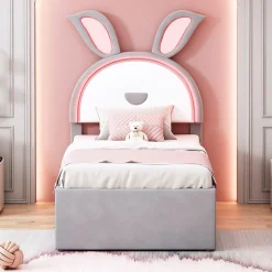 Okwish Lit Gigogne 90x200 cm - Lit avec Tiroirs de Rangement et Éclairage LED Changeant, en Velours Gris, Sans Matelas