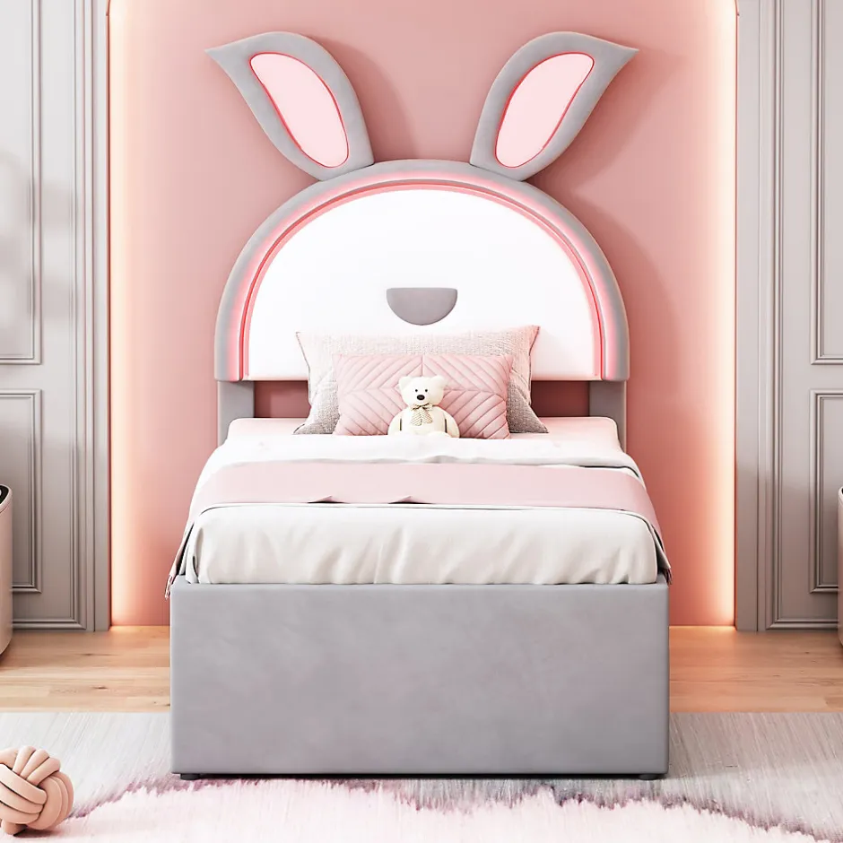 Okwish Lit Gigogne 90x200 cm - Lit avec Tiroirs de Rangement et Éclairage LED Changeant, en Velours Gris, Sans Matelas