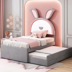 Okwish Lit Gigogne 90x200 cm - Lit avec Tiroirs de Rangement et Éclairage LED Changeant, en Velours Gris, Sans Matelas