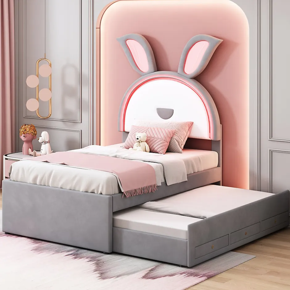 Okwish Lit Gigogne 90x200 cm - Lit avec Tiroirs de Rangement et Éclairage LED Changeant, en Velours Gris, Sans Matelas