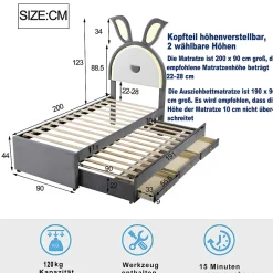 Okwish Lit Gigogne 90x200 cm - Lit avec Tiroirs de Rangement et Éclairage LED Changeant, en Velours Gris, Sans Matelas
