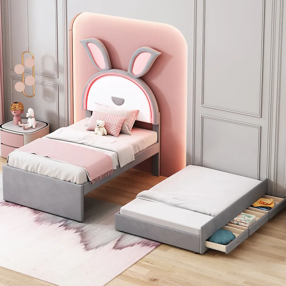 Okwish Lit Gigogne 90x200 cm - Lit avec Tiroirs de Rangement et Éclairage LED Changeant, en Velours Gris, Sans Matelas