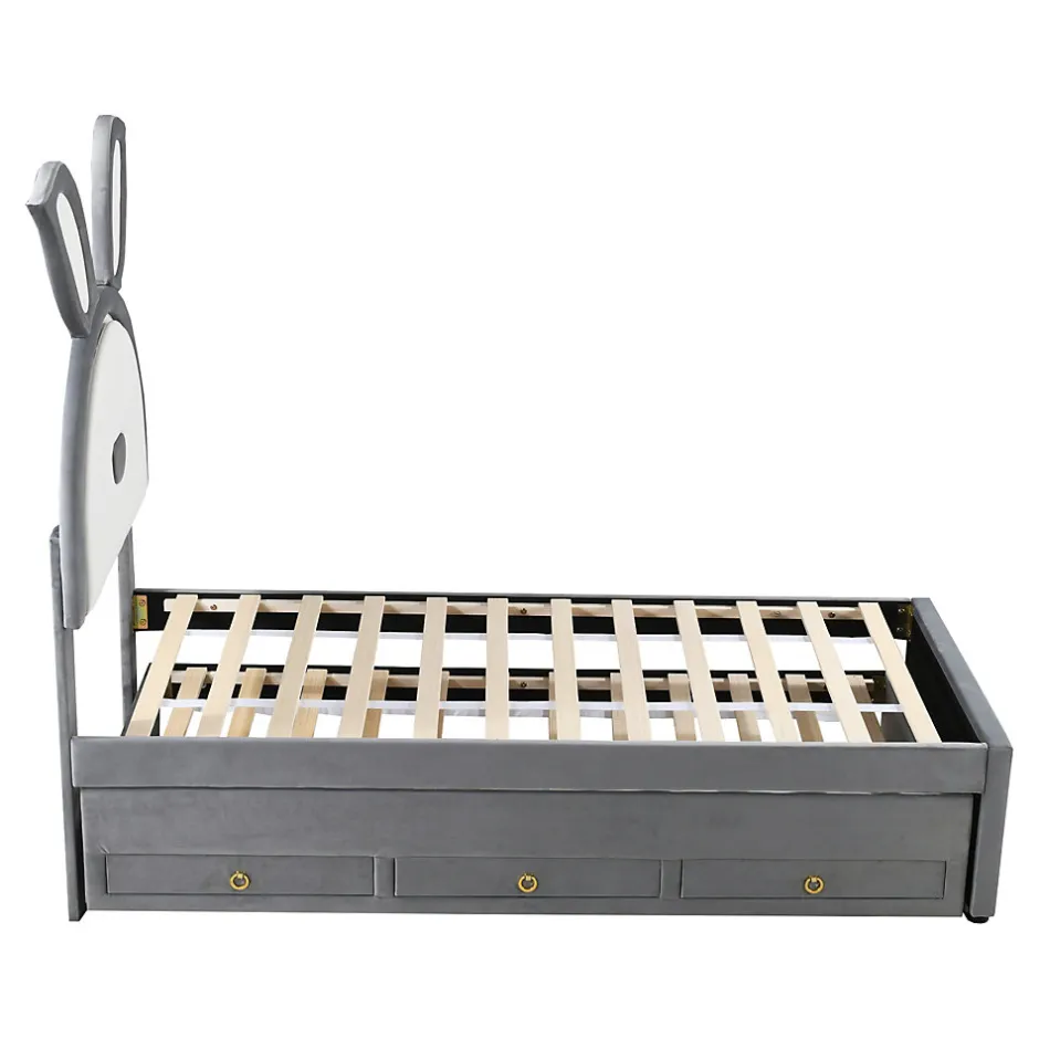 Okwish Lit Gigogne 90x200 cm - Lit avec Tiroirs de Rangement et Éclairage LED Changeant, en Velours Gris, Sans Matelas