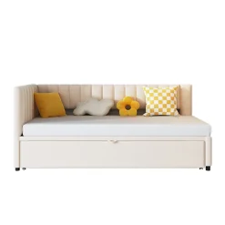Okwish Lit Gigogne 90/180x200 cm - Lit avec Canapé-Lit Coulissant, Multifonction pour enfants et Invités, en Velours Beige, Sans Matelas Discount