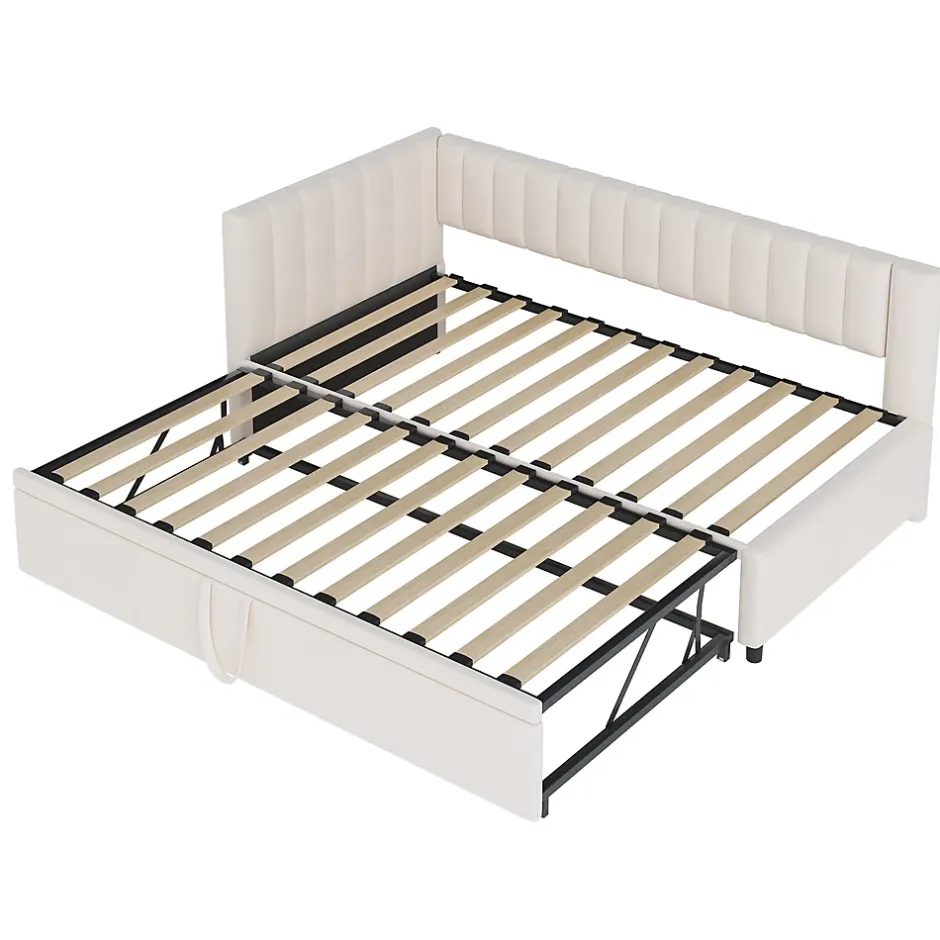 Okwish Lit Gigogne 90/180x200 cm - Lit avec Canapé-Lit Coulissant, Multifonction pour enfants et Invités, en Velours Beige, Sans Matelas Discount