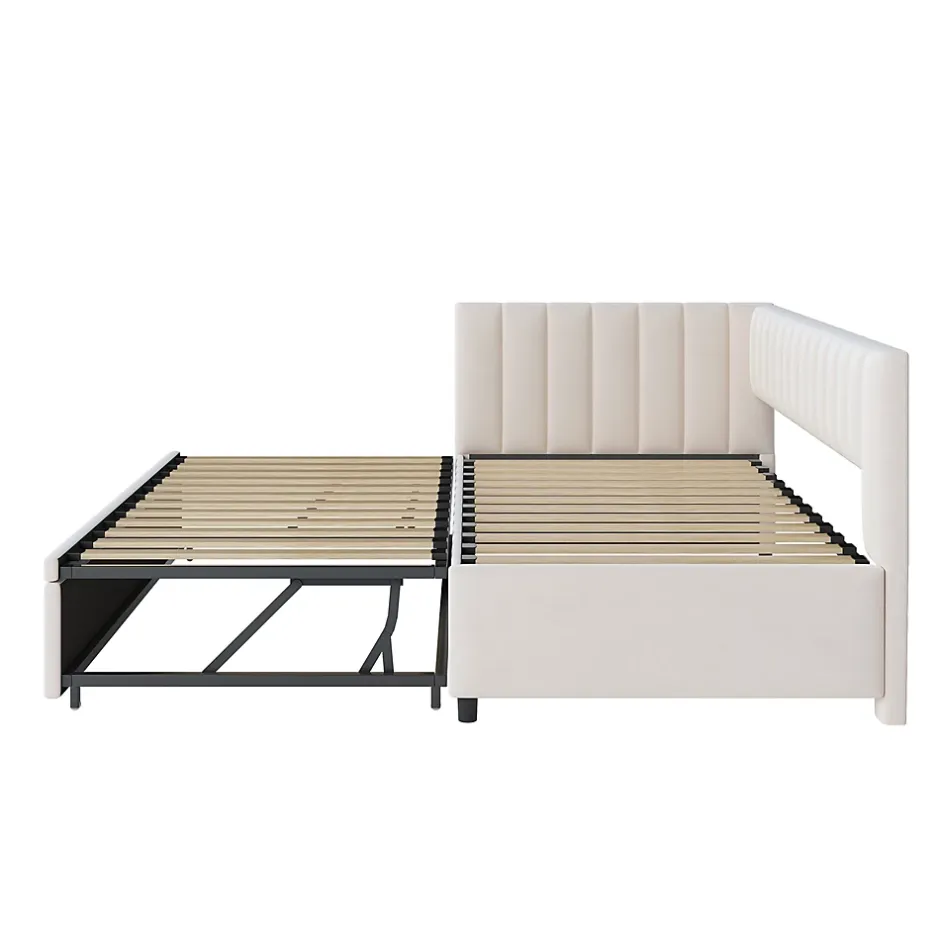 Okwish Lit Gigogne 90/180x200 cm - Lit avec Canapé-Lit Coulissant, Multifonction pour enfants et Invités, en Velours Beige, Sans Matelas Discount