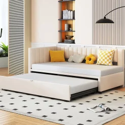Okwish Lit Gigogne 90/180x200 cm - Lit avec Canapé-Lit Coulissant, Multifonction pour enfants et Invités, en Velours Beige, Sans Matelas Discount
