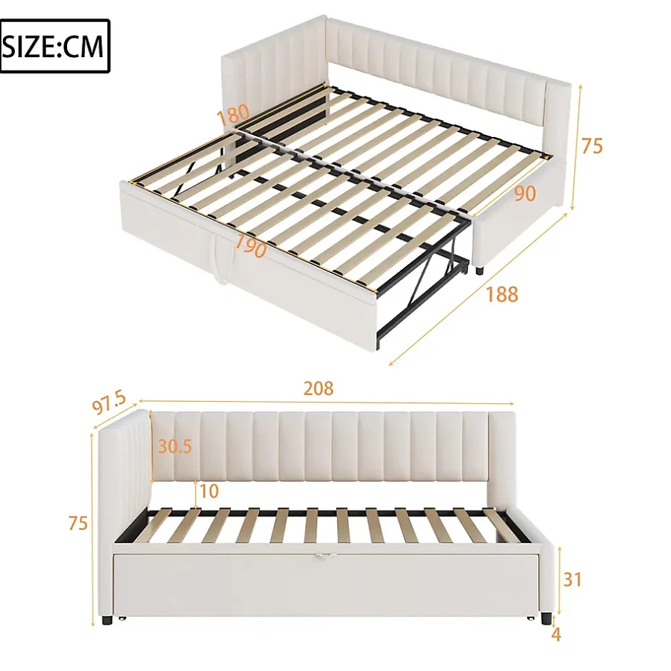 Okwish Lit Gigogne 90/180x200 cm - Lit avec Canapé-Lit Coulissant, Multifonction pour enfants et Invités, en Velours Beige, Sans Matelas Discount
