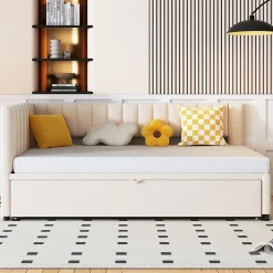 Okwish Lit Gigogne 90/180x200 cm - Lit avec Canapé-Lit Coulissant, Multifonction pour enfants et Invités, en Velours Beige, Sans Matelas Discount