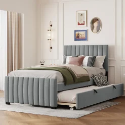 Okwish Lit Gigogne 90x190 cm - Lit avec Lit Supplémentaire, Tissu Velours Doux, Gris, Sans Matelas