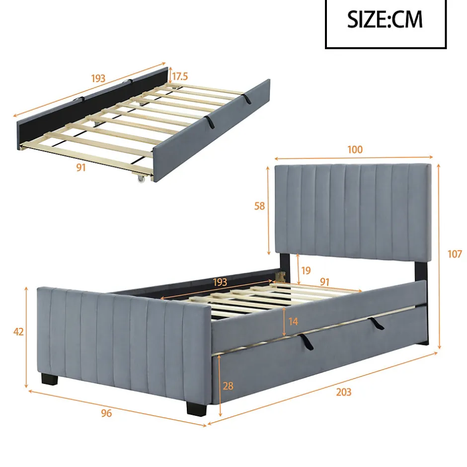 Okwish Lit Gigogne 90x190 cm - Lit avec Lit Supplémentaire, Tissu Velours Doux, Gris, Sans Matelas