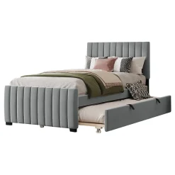 Okwish Lit Gigogne 90x190 cm - Lit avec Lit Supplémentaire, Tissu Velours Doux, Gris, Sans Matelas