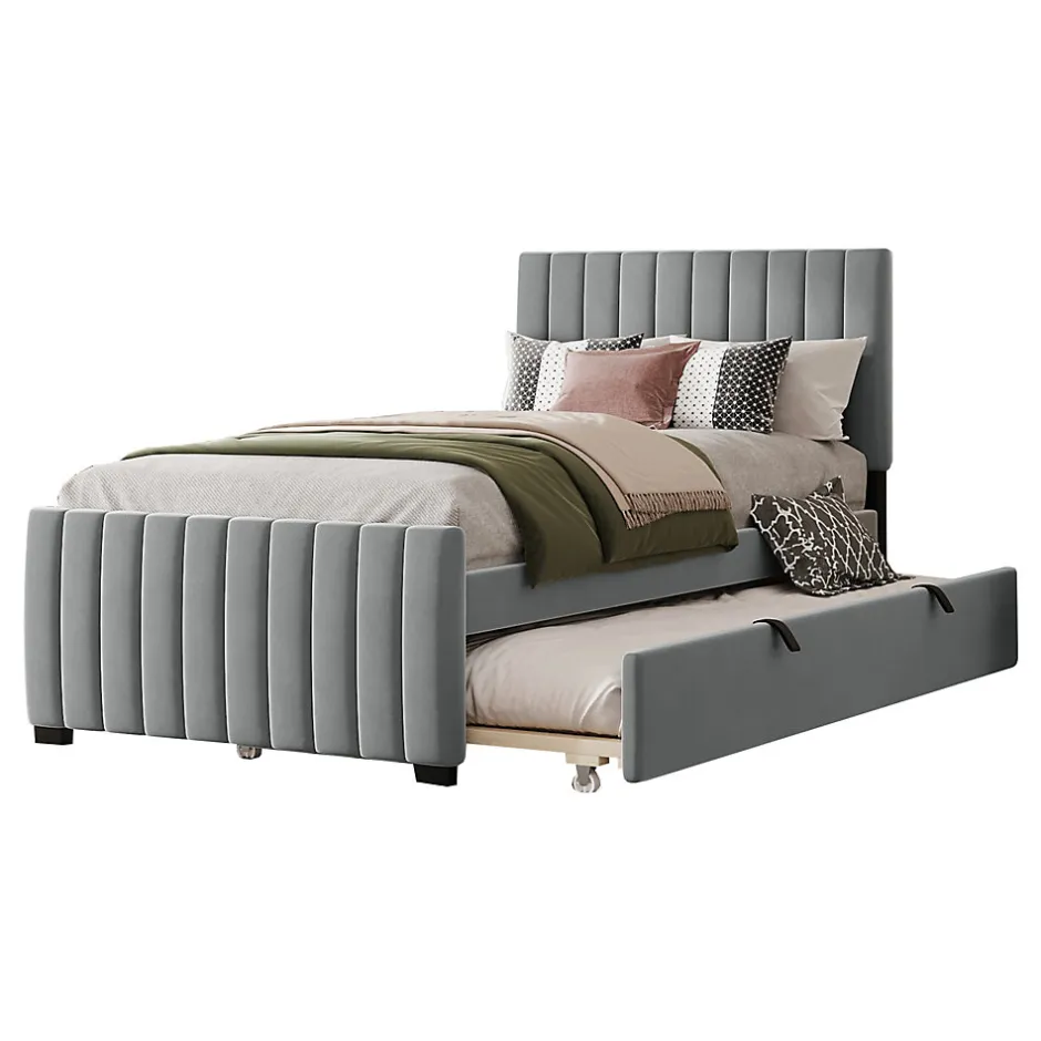 Okwish Lit Gigogne 90x190 cm - Lit avec Lit Supplémentaire, Tissu Velours Doux, Gris, Sans Matelas