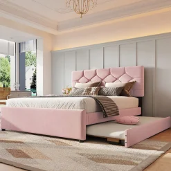 Okwish Lit Gigogne 140x200 cm - Lit Banquette Double Rembourré avec Sommier - Velours + MDF - Sans Matelas - Rose