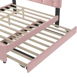 Okwish Lit Gigogne 140x200 cm - Lit Banquette Double Rembourré avec Sommier - Velours + MDF - Sans Matelas - Rose