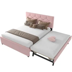 Okwish Lit Gigogne 140x200 cm - Lit Banquette Double Rembourré avec Sommier - Velours + MDF - Sans Matelas - Rose