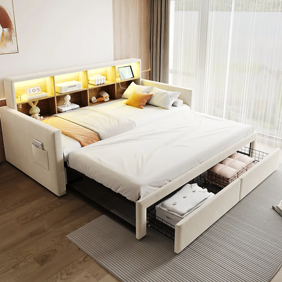 Okwish Lit Gigogne 90x190 cm - Lit Capitonné avec LED, 2 Tiroirs et Compartiments pour Enfant - Velours, MDF, Beige - sans Matelas