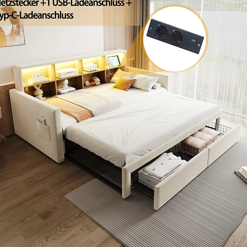 Okwish Lit Gigogne 90x190 cm - Lit Capitonné avec LED, 2 Tiroirs et Compartiments pour Enfant - Velours, MDF, Beige - sans Matelas