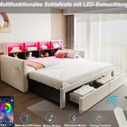 Okwish Lit Gigogne 90x190 cm - Lit Capitonné avec LED, 2 Tiroirs et Compartiments pour Enfant - Velours, MDF, Beige - sans Matelas