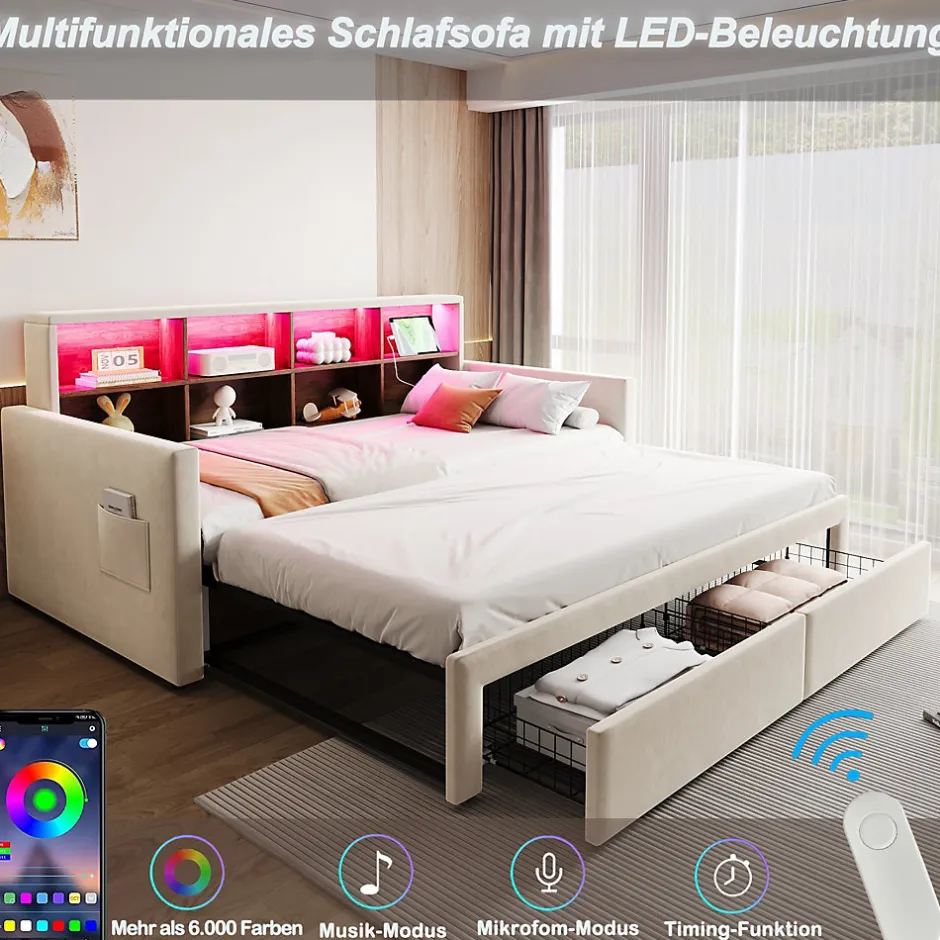 Okwish Lit Gigogne 90x190 cm - Lit Capitonné avec LED, 2 Tiroirs et Compartiments pour Enfant - Velours, MDF, Beige - sans Matelas
