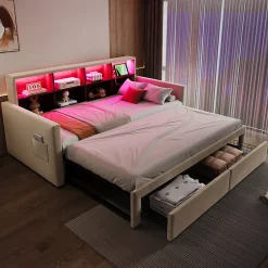 Okwish Lit Gigogne 90x190 cm - Lit Capitonné avec LED, 2 Tiroirs et Compartiments pour Enfant - Velours, MDF, Beige - sans Matelas