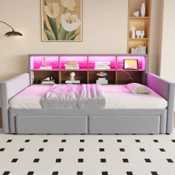 Okwish Lit Gigogne 90x190 cm - Lit Capitonné avec LED, 2 Tiroirs et Compartiments pour Enfant - Velours, MDF, Gris Clair - sans Matelas