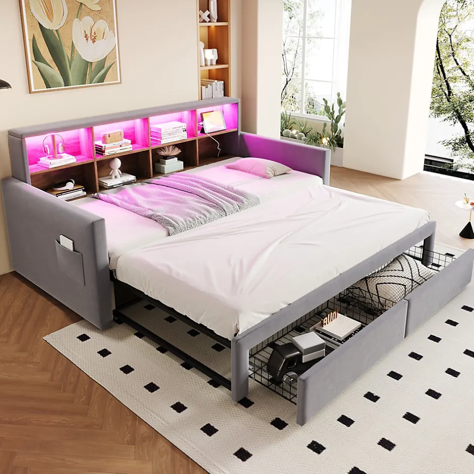 Okwish Lit Gigogne 90x190 cm - Lit Capitonné avec LED, 2 Tiroirs et Compartiments pour Enfant - Velours, MDF, Gris Clair - sans Matelas
