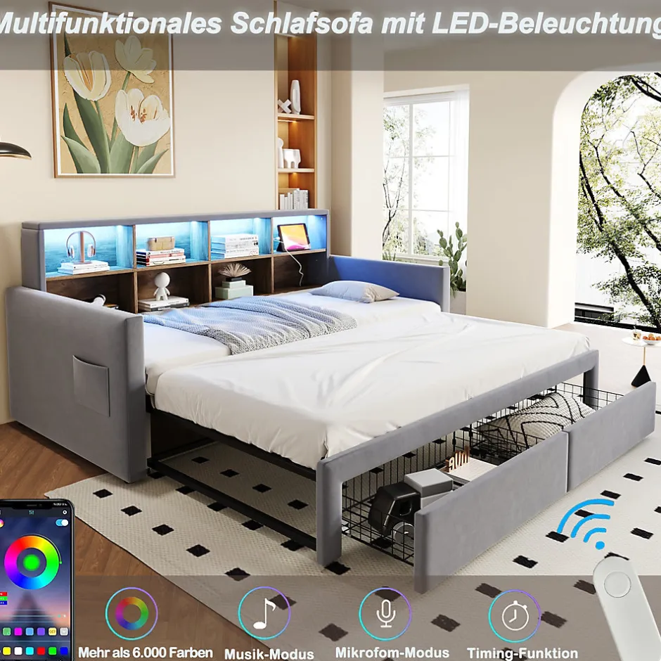 Okwish Lit Gigogne 90x190 cm - Lit Capitonné avec LED, 2 Tiroirs et Compartiments pour Enfant - Velours, MDF, Gris Clair - sans Matelas