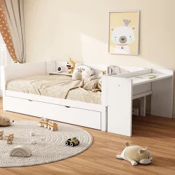 Okwish Lit Gigogne 90x200 cm - Lit Combiné enfant avec Bureau et 3 Étagères - Sans Matelas - Blanc