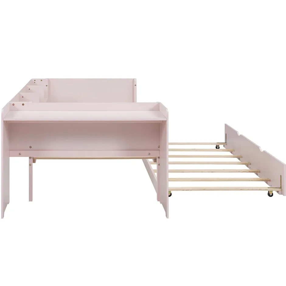 Okwish Lit Gigogne 90x200 cm - Lit Combiné enfant avec Bureau et 3 Étagères - Sans Matelas - Rose Clearance
