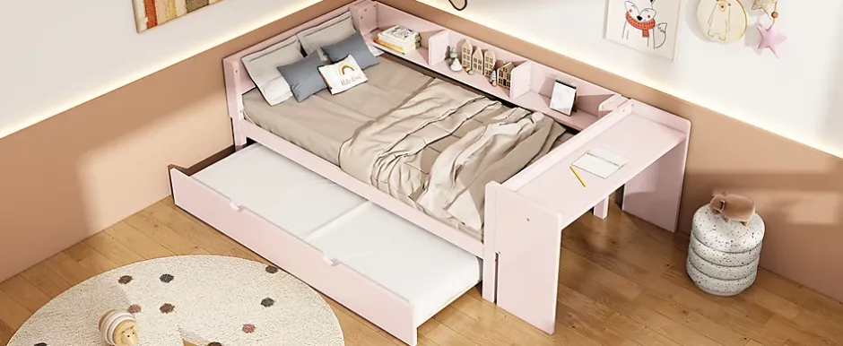 Okwish Lit Gigogne 90x200 cm - Lit Combiné enfant avec Bureau et 3 Étagères - Sans Matelas - Rose Clearance