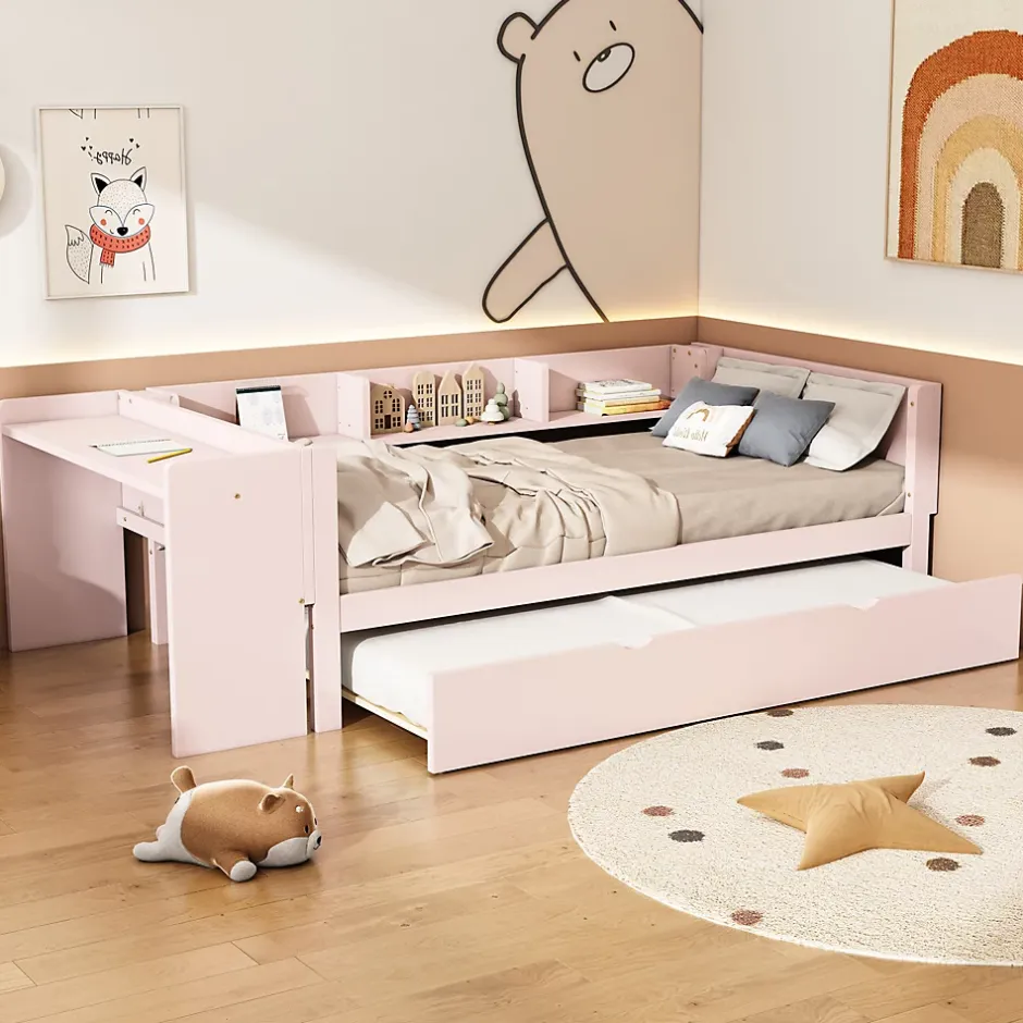 Okwish Lit Gigogne 90x200 cm - Lit Combiné enfant avec Bureau et 3 Étagères - Sans Matelas - Rose Clearance