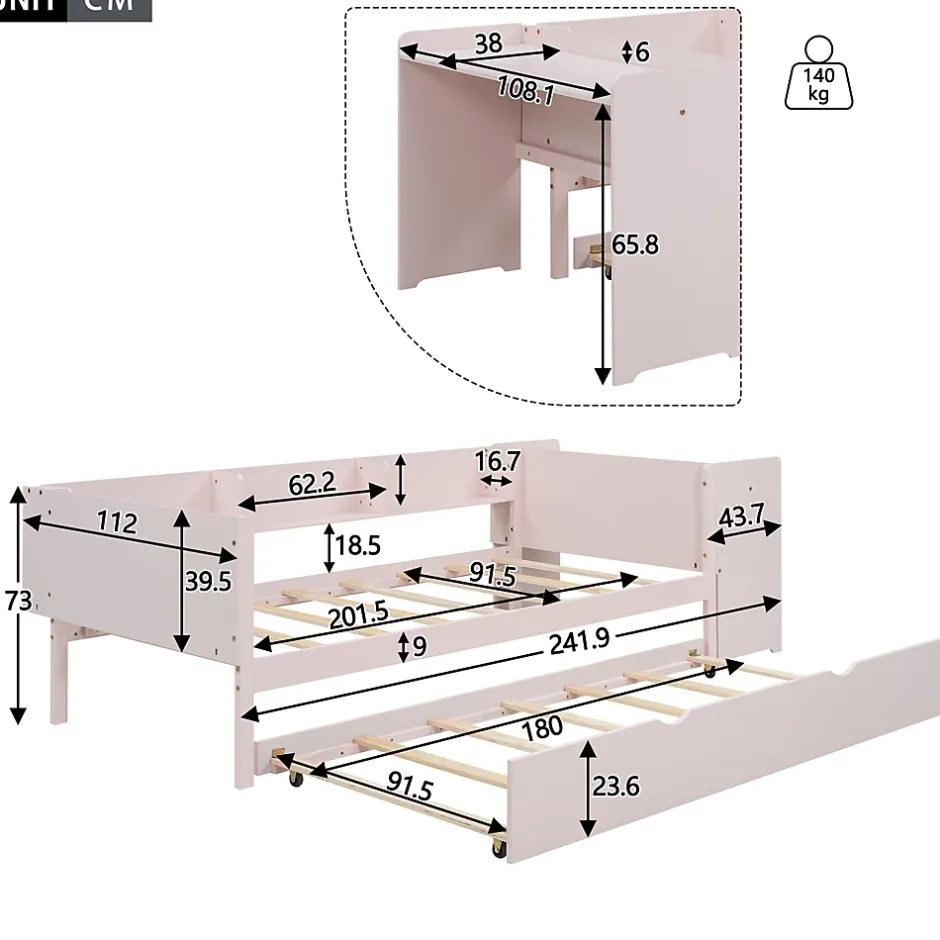 Okwish Lit Gigogne 90x200 cm - Lit Combiné enfant avec Bureau et 3 Étagères - Sans Matelas - Rose Clearance