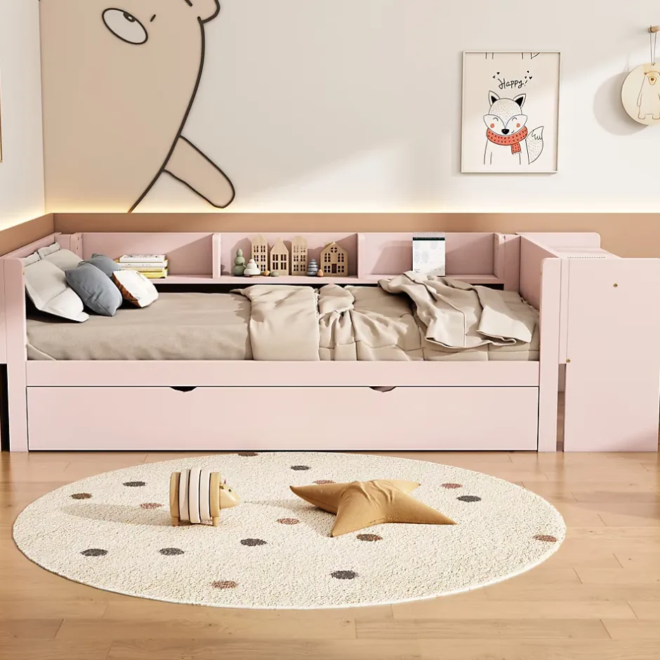 Okwish Lit Gigogne 90x200 cm - Lit Combiné enfant avec Bureau et 3 Étagères - Sans Matelas - Rose Clearance
