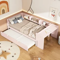 Okwish Lit Gigogne 90x200 cm - Lit Combiné enfant avec Bureau et 3 Étagères - Sans Matelas - Rose Clearance