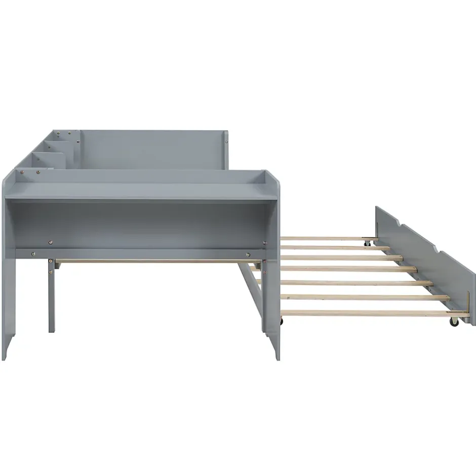 Okwish Lit Gigogne 90x200 cm - Lit Combiné enfant avec Bureau et 3 Étagères - Sans Matelas - Gris Best